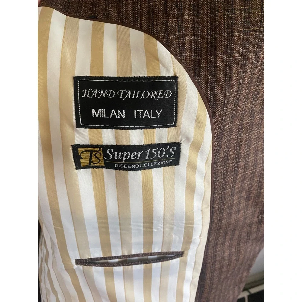 Tessori Uomo Milan Italy Super 150s Wool‎ Blazer Brown Stripe Check 48L Mens